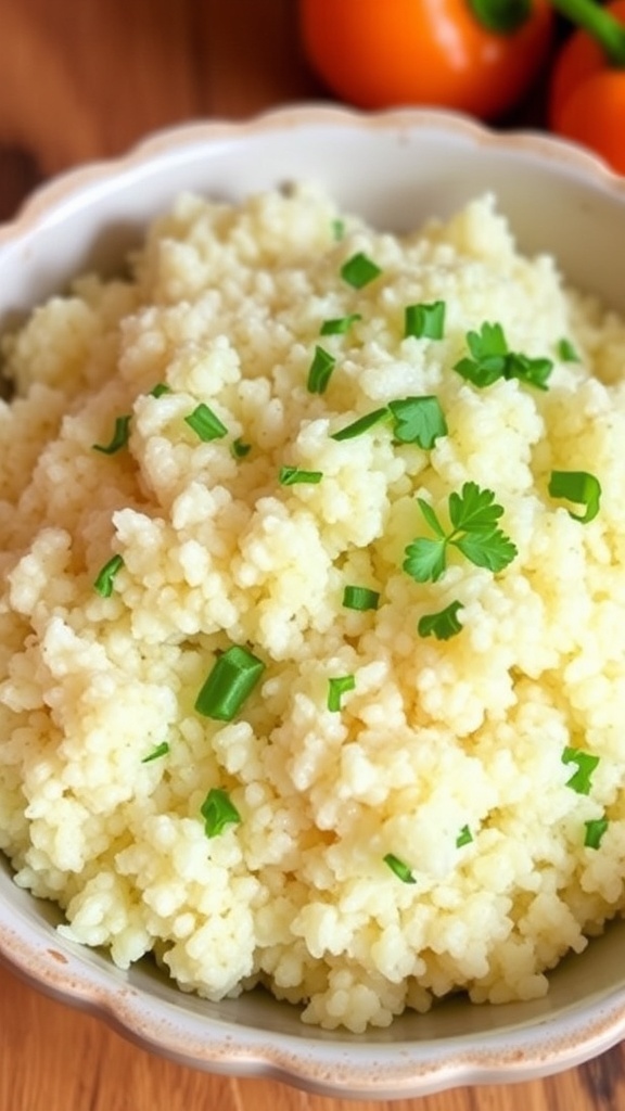 A bowl of cooked quinoa garnished with herbs on a wooden table.